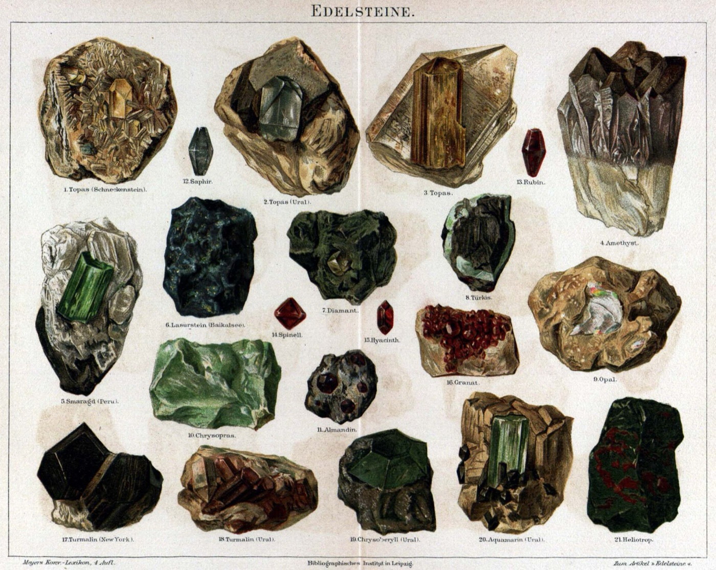 Edelsteine, les pierres précieuses - chromolithographie, Meyers Konversations-Lexikon, 1895