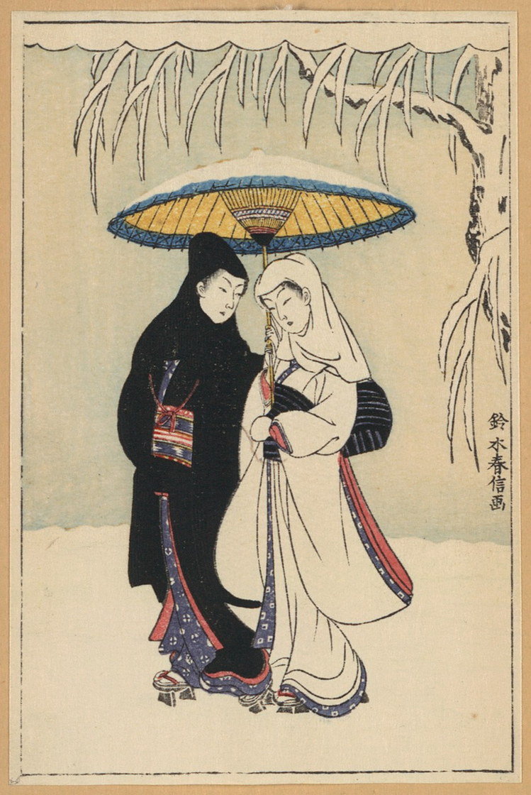 Couple sous l'ombrelle dans la neige - Suzuki Harunobu, XVIIIᵉ siècle
