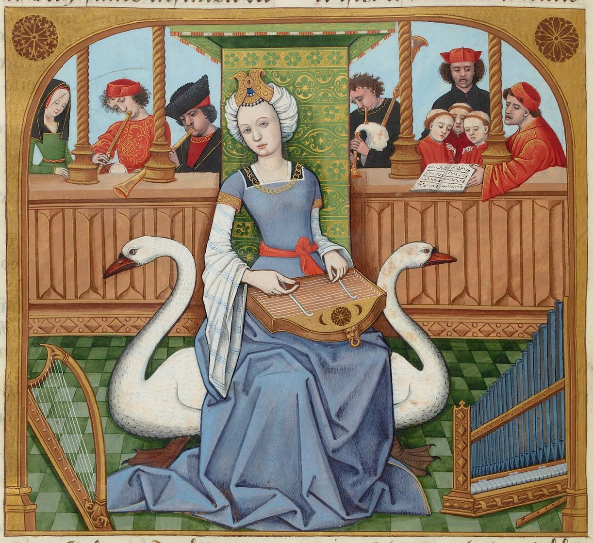 Allégorie de la Musique - enluminure des Échecs amoureux, XVe siècle