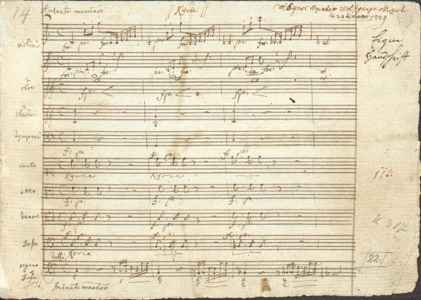 Messe du Couronnement, manuscrit autographe - W. A. Mozart, 1779