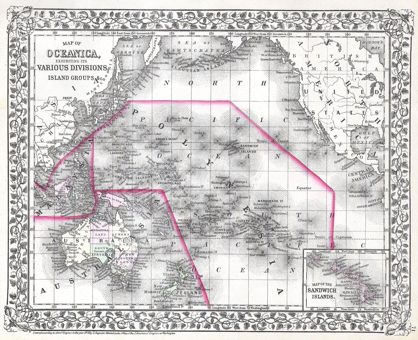 Carte de l'Océanie, Polynésie et archipels du Pacifique - Mitchell, 1874